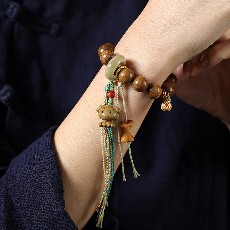 Bracelet Six Voies en Bois Ancien – Perles Sculptées ~12 mm & Éléments Naturels