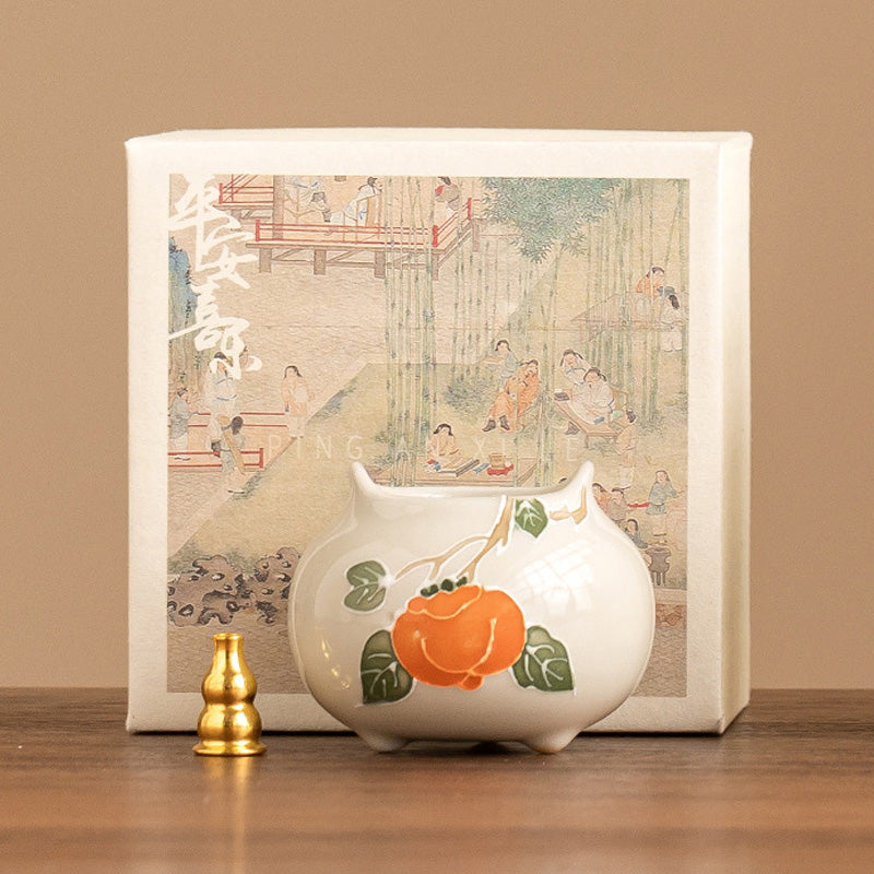 Porte-Encens en Céramique Shi Shi Ru Yi – Motif Kakis Auspicieux (6,7 cm)