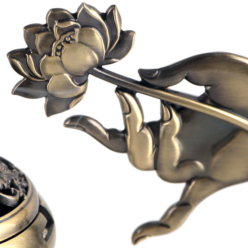 Brûleur d’Encens Ni Hua Na Fu en Laiton – Sculpture Lotus Porte-Bonheur