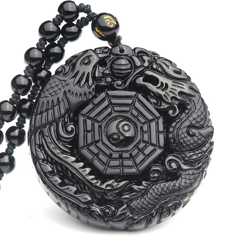 Pendentif Bagua Dragon & Phénix en Obsidienne Noire Naturelle