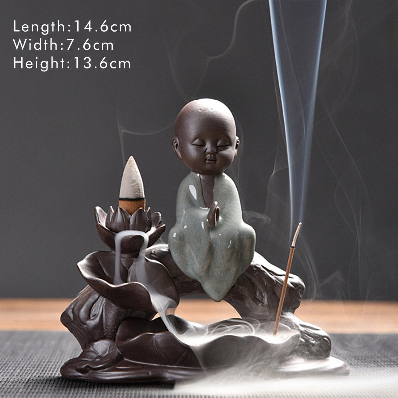 Brûleur d’Encens en Céramique Lotus & Petit Moine à Reflux
