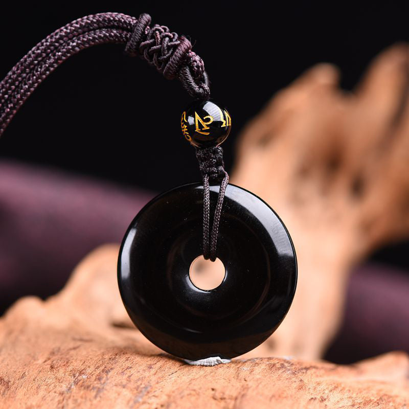 Collier de Protection en Obsidienne Naturelle – Pendentif Circulaire Triple Pierre – Unisexe