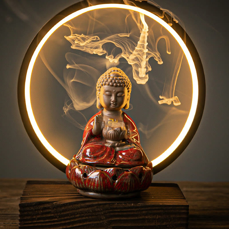 Brûleur d’Encens Reflux Bouddha Lotus en Céramique – Porte-Encens LED