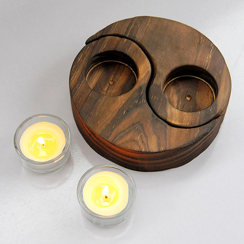 Porte Bougie Yin Yang en Bois pour Autel Spirituel