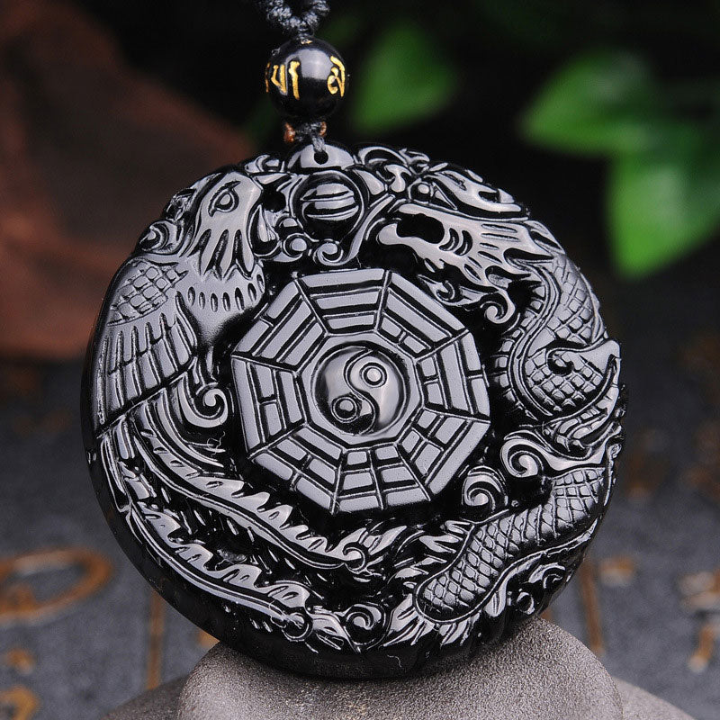 Pendentif Bagua Dragon & Phénix en Obsidienne Noire Naturelle