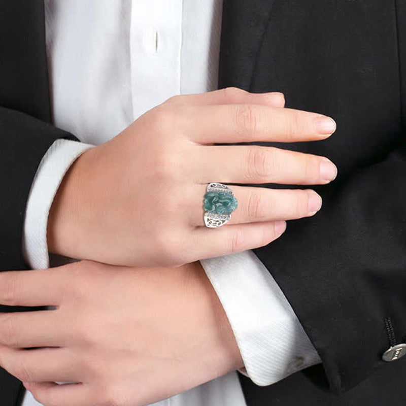 Bague Pixiu en Jade Naturel & Argent Sterling 925 – Talisman Symbolique de Prospérité