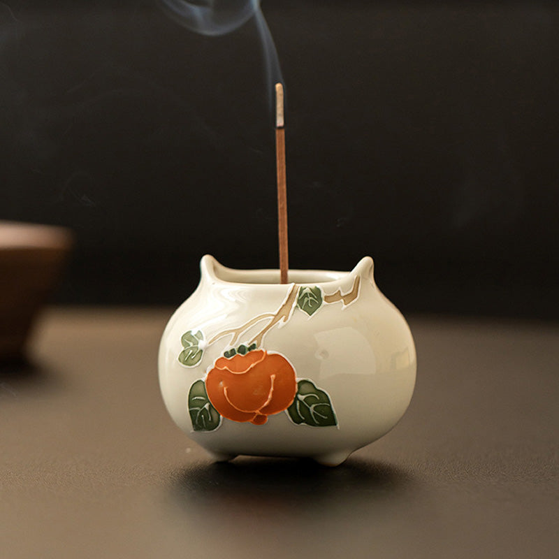 Porte-Encens en Céramique Shi Shi Ru Yi – Motif Kakis Auspicieux (6,7 cm)