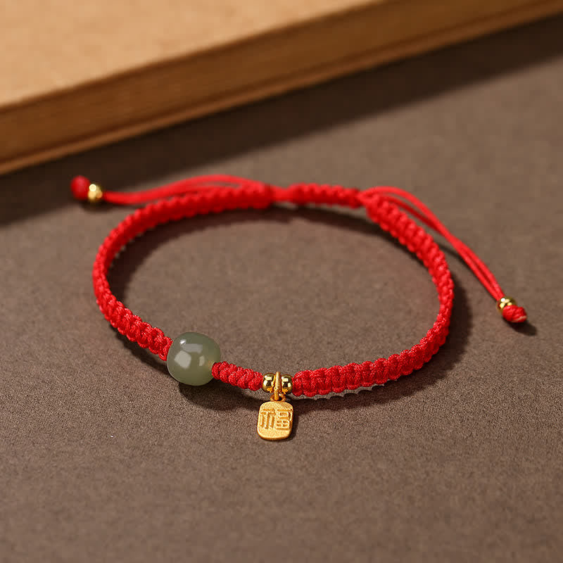 Bracelet Ajustable en Jade Hetian Rouge 7 × 8 mm & Fil Tressé