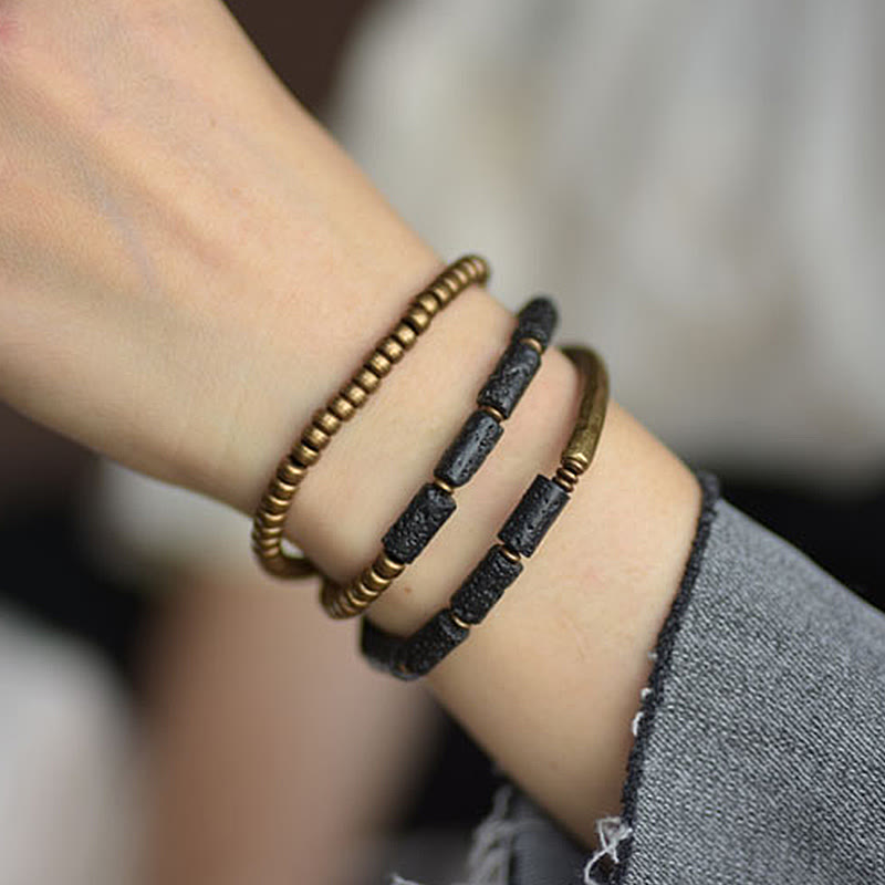 Bracelet Spirituel Multi-Tours en Pierre de Lave 6 mm & Cuivre