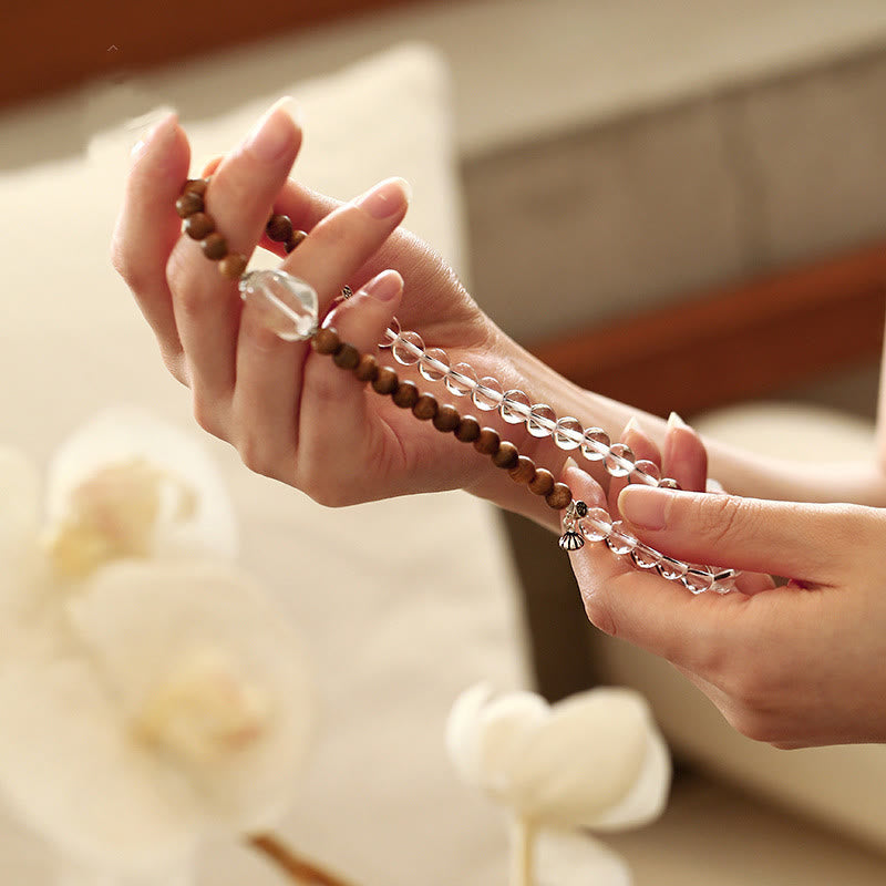 Bracelet Lotus Cristal Blanc & Bois d’Agar 6mm