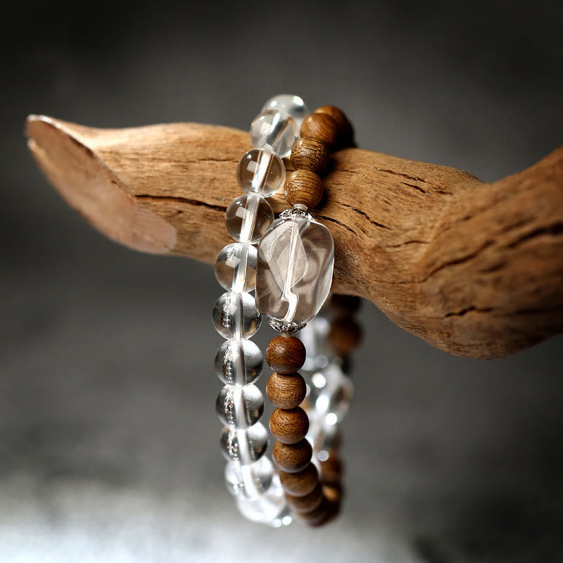 Bracelet Lotus Cristal Blanc & Bois d’Agar 6mm