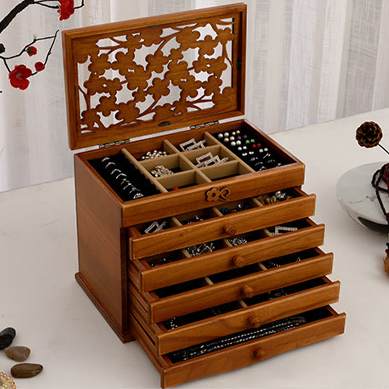Boîte à bijoux en bois sculpté à six niveaux avec Buddha Stones et fleur de prunier vintage