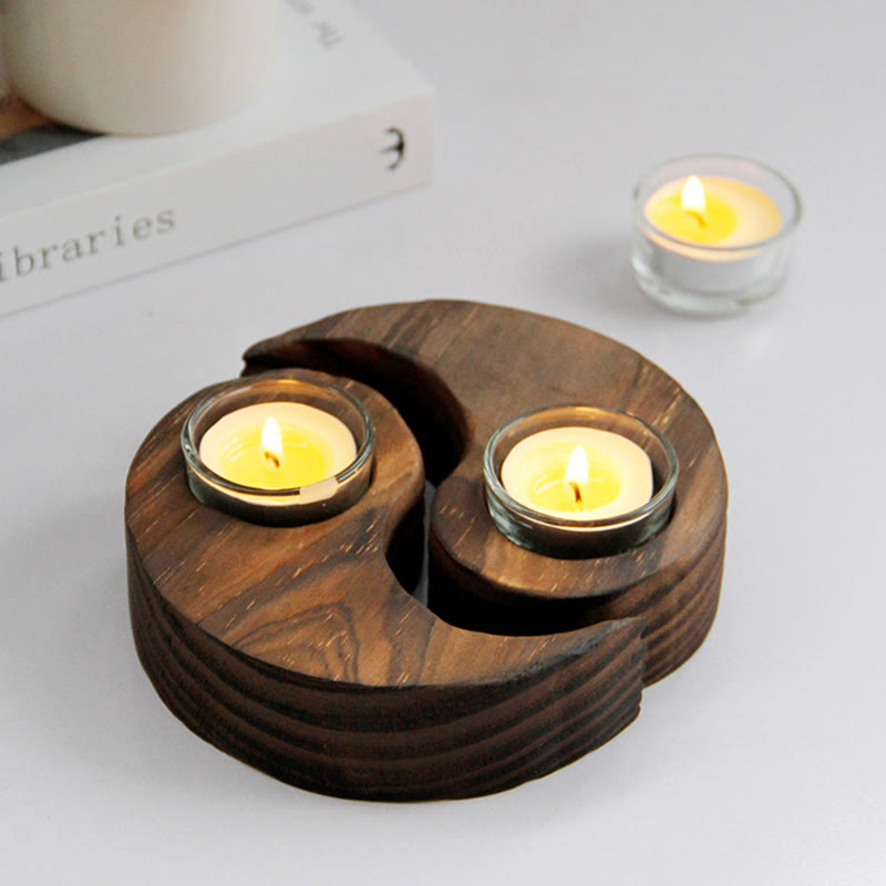 Porte Bougie Yin Yang en Bois pour Autel Spirituel