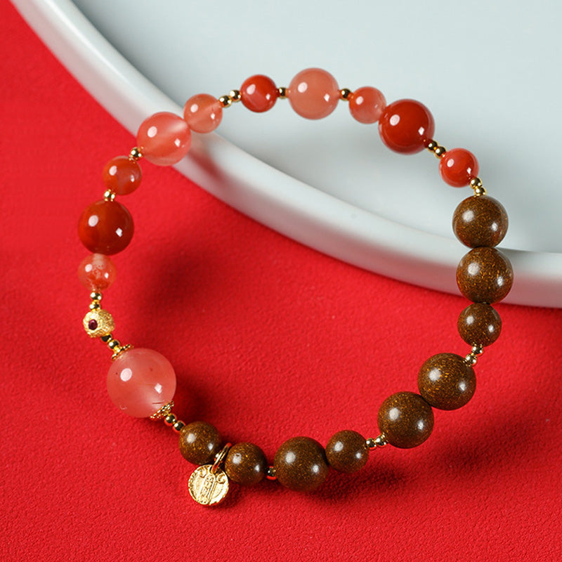 Bracelet Nanhong Agate & Perles Parfumées – “Cinq Voies du Dieu de la Richesse” (6–8 mm)