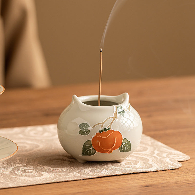 Porte-Encens en Céramique Shi Shi Ru Yi – Motif Kakis Auspicieux (6,7 cm)