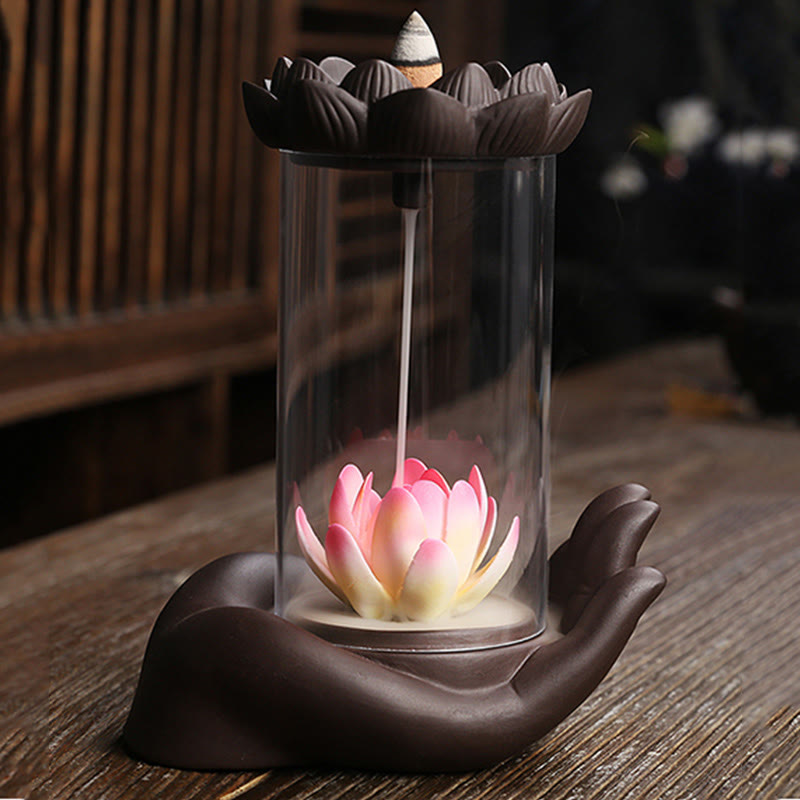 Porte-Encens Main de Bouddha Lotus Éveil en Argile Pourpre avec LED