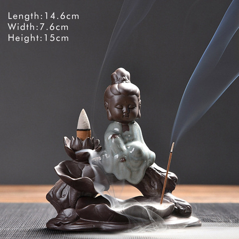 Brûleur d’Encens en Céramique Lotus & Petit Moine à Reflux