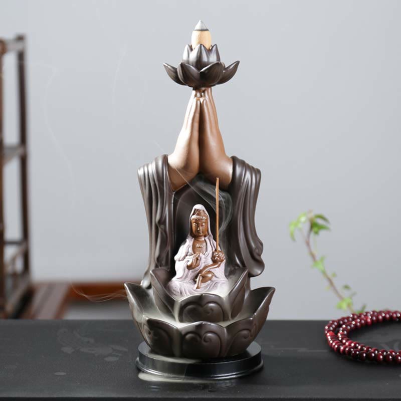 Brûleur d'encens à reflux en céramique Bouddha Avalokitesvara Chenrezig Ksitigarbha avec bénédiction du lotus