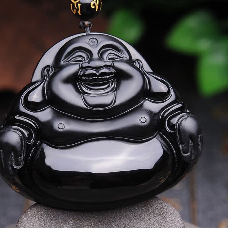 Pendentif Bouddha Rieur en Obsidienne Noire Naturelle