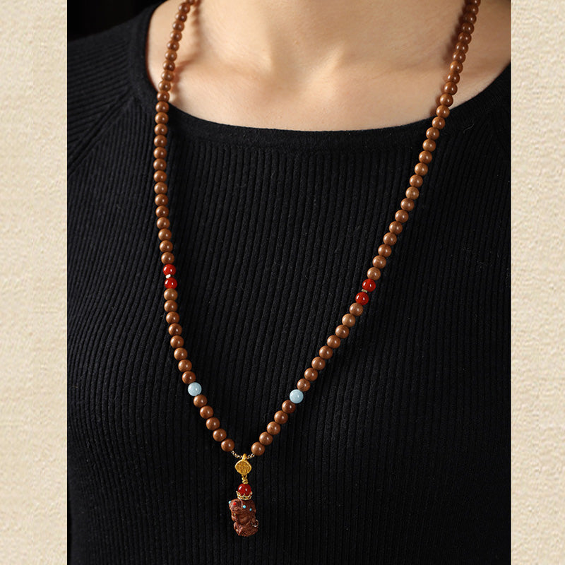 Bracelet Mala en Bois de Santal Ancien – Symboles Sacrés & Pierres Naturelles