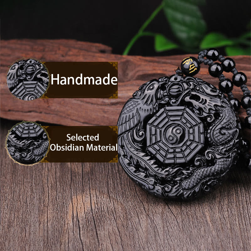 Pendentif Bagua Dragon & Phénix en Obsidienne Noire Naturelle