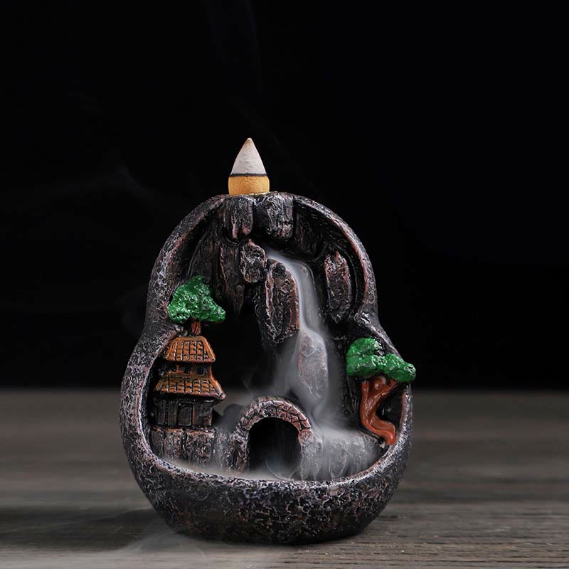 Brûleur d’Encens Bouddha à Cascade Paysage Montagnes en Résine