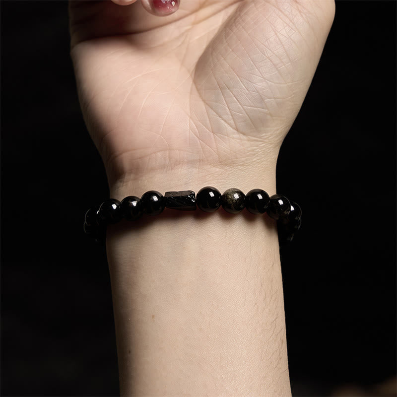 Bracelet Obsidienne Dorée & Tourmaline Noire 8 mm, Ancrage et Symbolique de Prospérité