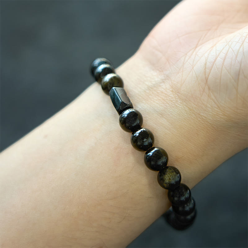 Bracelet Obsidienne Dorée & Tourmaline Noire 8 mm, Ancrage et Symbolique de Prospérité