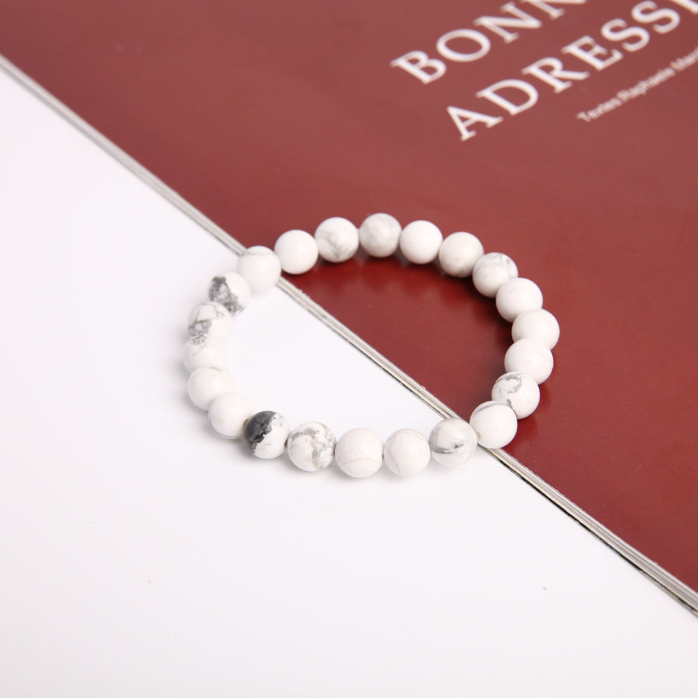 Bracelet en Howlite Naturelle 8 mm, Perles Polies Artisanales