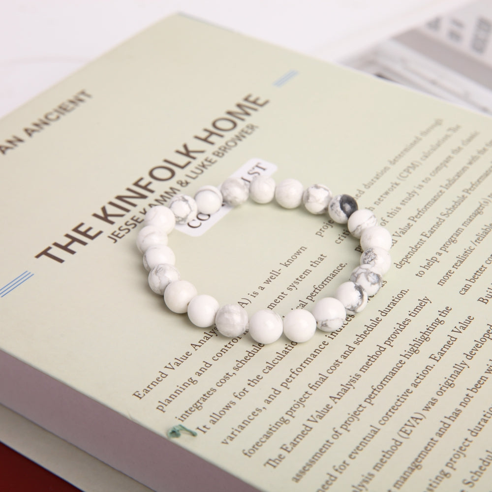 Bracelet en Howlite Naturelle 8 mm, Perles Polies Artisanales