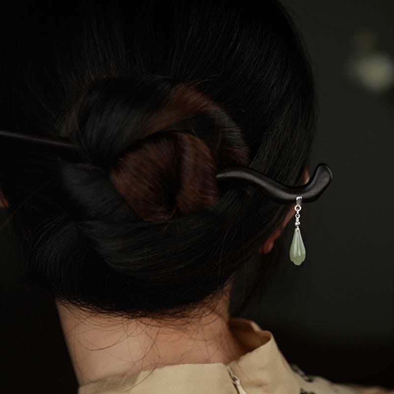 Pic à Cheveux Jade Hetian & Bois d’Ébène 18cm