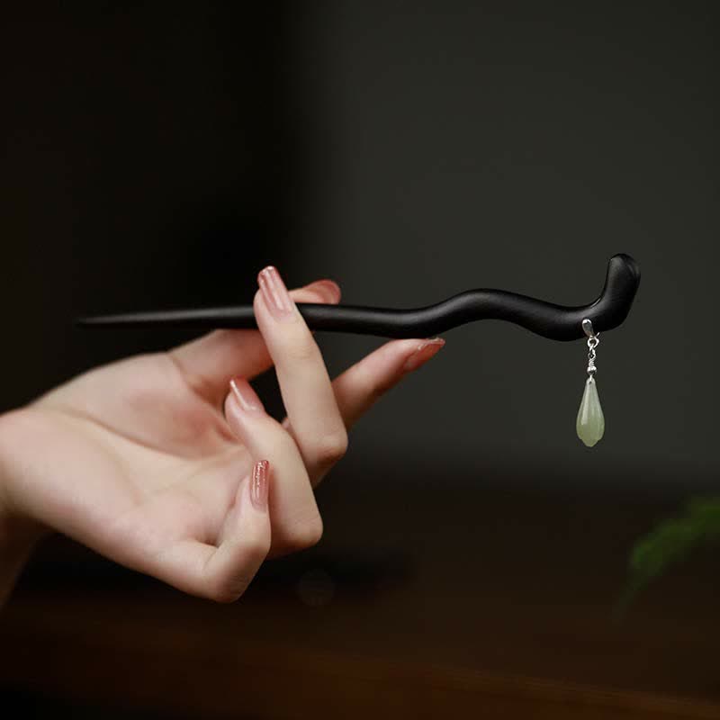Pic à Cheveux Jade Hetian & Bois d’Ébène 18cm