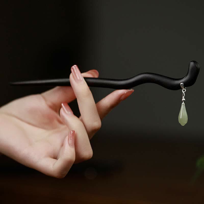 Pic à Cheveux Jade Hetian & Bois d’Ébène 18cm
