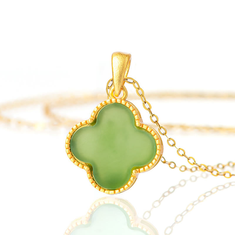 Collier Trèfle Porte-Bonheur en Jade Hetian & Argent Sterling 925