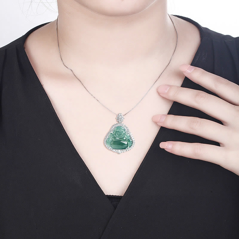 Collier Bouddha Rieur en Jade Naturel & Argent Sterling 925