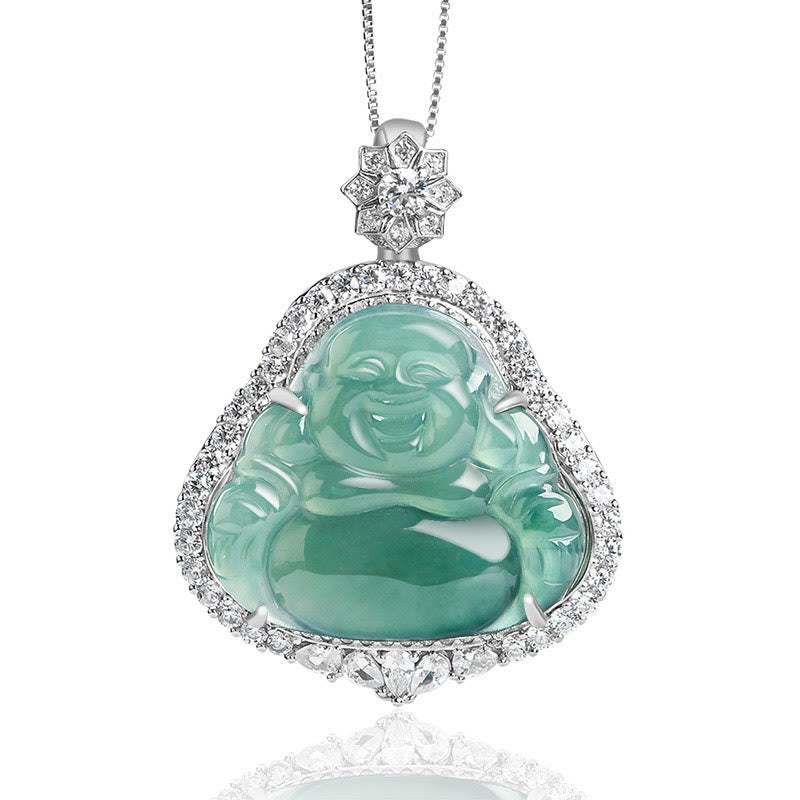 Collier Bouddha Rieur en Jade Naturel & Argent Sterling 925