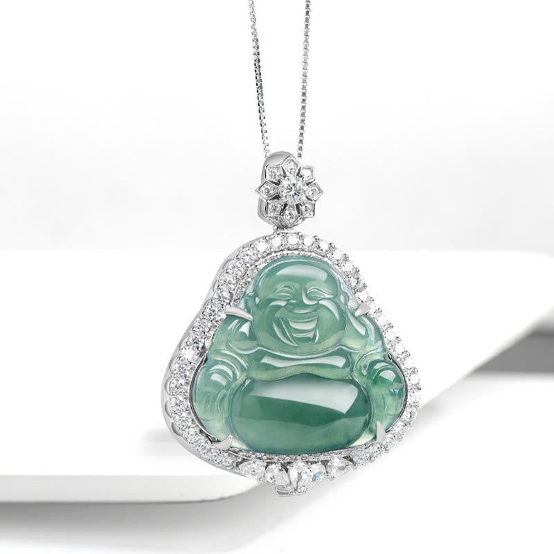 Collier Bouddha Rieur en Jade Naturel & Argent Sterling 925