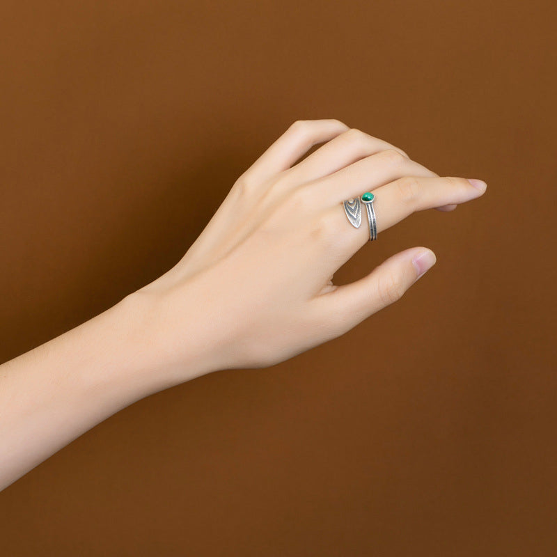 Bague Plume de Protection en Malachite & Argent Sterling 925 – Anneau Symbolique Unisexe