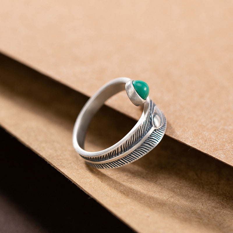 Bague Plume de Protection en Malachite & Argent Sterling 925 – Anneau Symbolique Unisexe