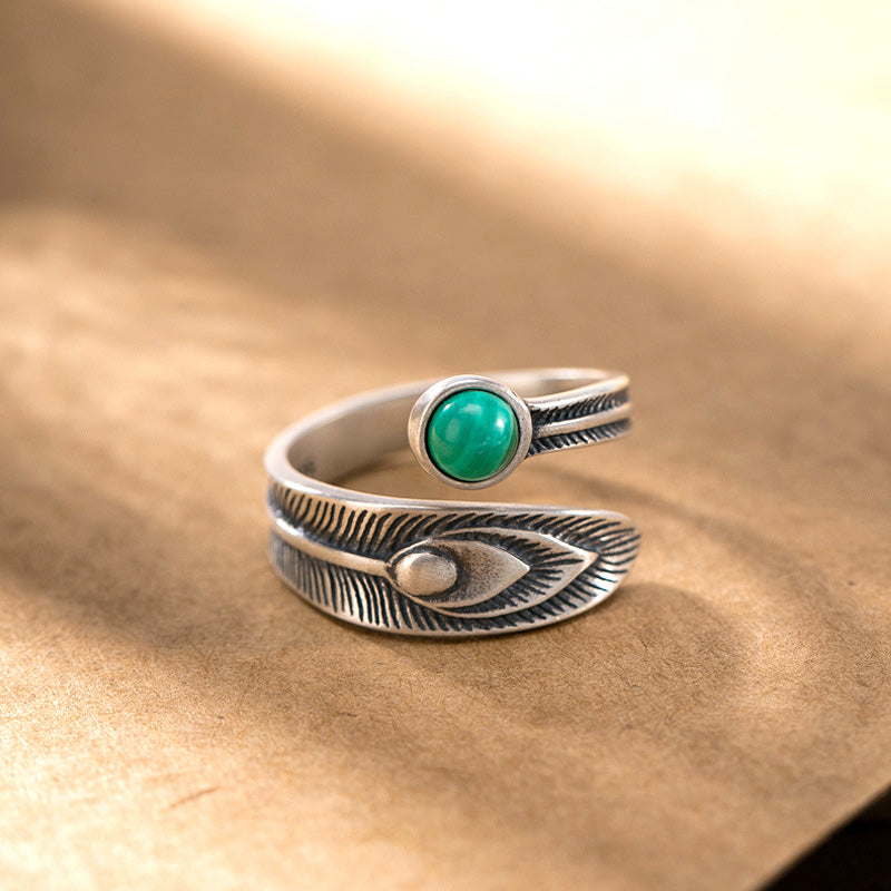 Bague Plume de Protection en Malachite & Argent Sterling 925 – Anneau Symbolique Unisexe