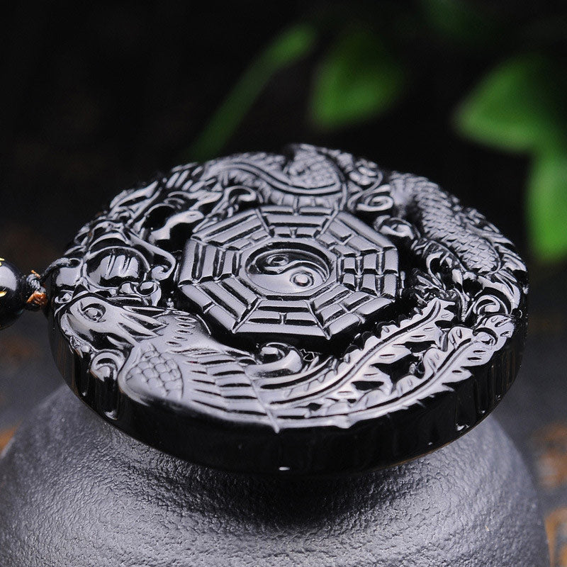 Pendentif Bagua Dragon & Phénix en Obsidienne Noire Naturelle