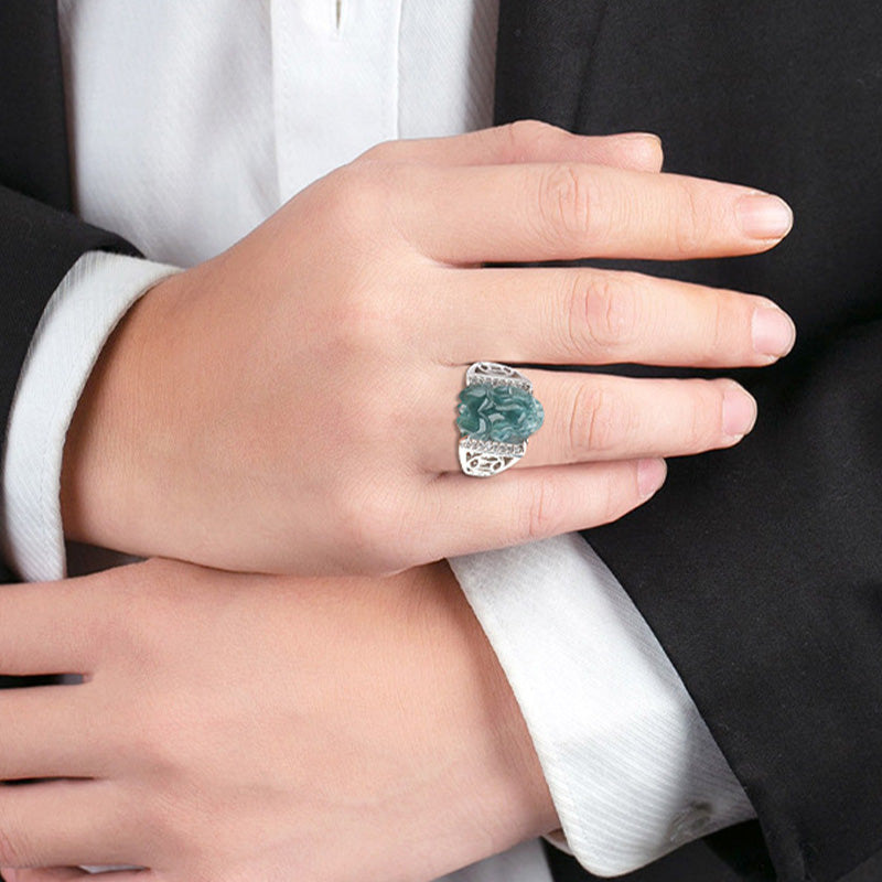 Bague Pixiu en Jade Naturel & Argent Sterling 925 – Talisman Symbolique de Prospérité