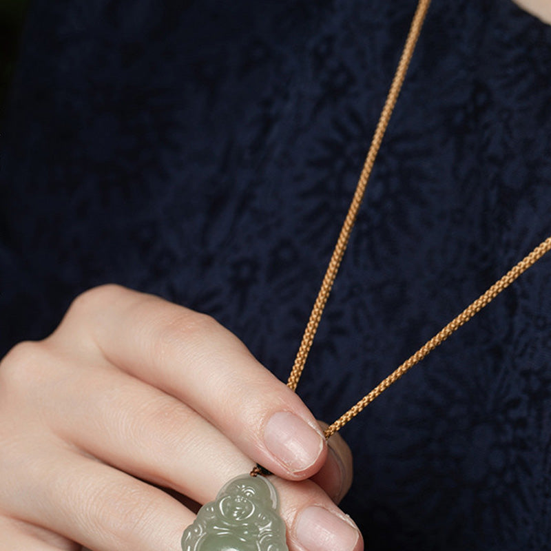 Collier Jade Lotus & Bouddha Rieur – 75 cm