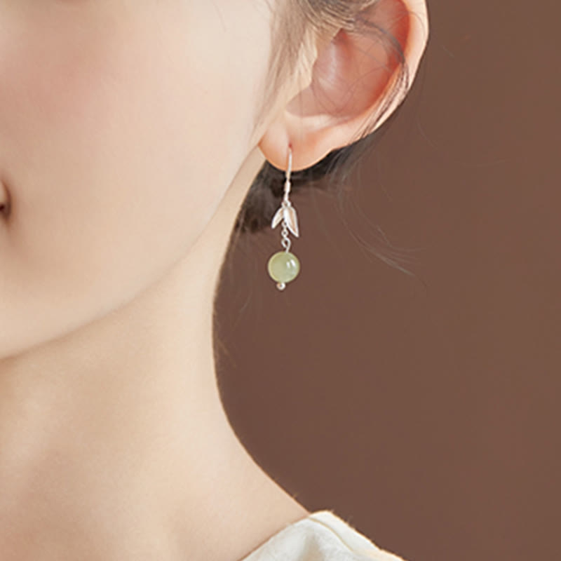 Boucles d’Oreilles Pendantes Bambou en Jade Hetian Naturel & Argent 999