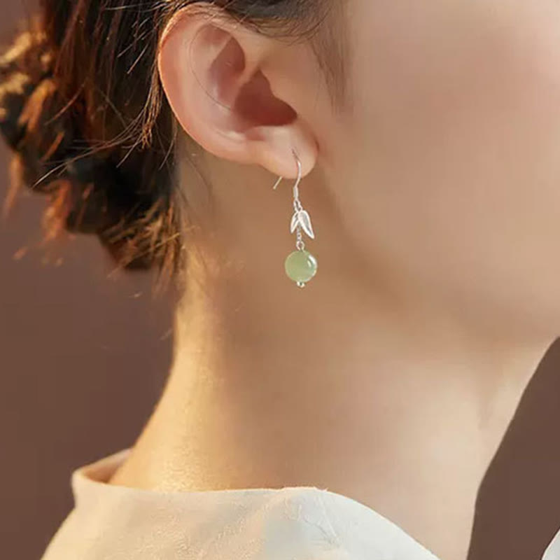Boucles d’Oreilles Pendantes Bambou en Jade Hetian Naturel & Argent 999