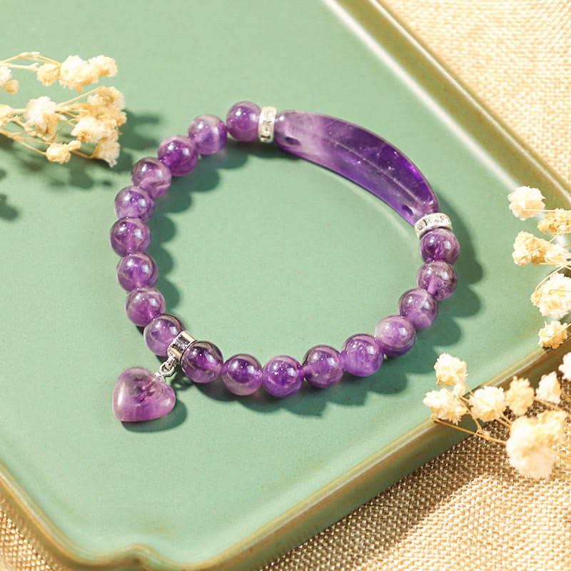 Bracelet en Améthyste Naturelle Forme Cœur 8 mm, Perles Artisanales