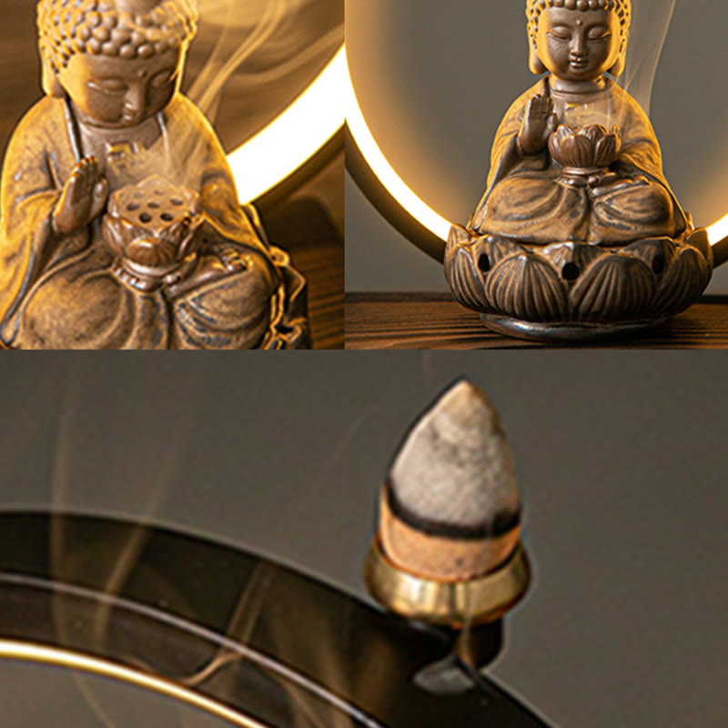 Brûleur d’Encens Reflux Bouddha Lotus en Céramique – Porte-Encens LED