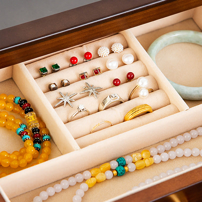 Boîte à bijoux rétro en bois massif avec tiroir et Buddha Stones