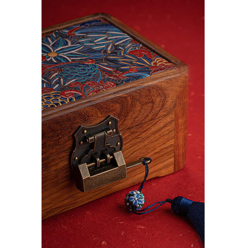 Boîte de rangement de bijoux en bois de rose à motif floral rétro faite à la main, boîte de rangement verrouillable en bois pour cadeaux