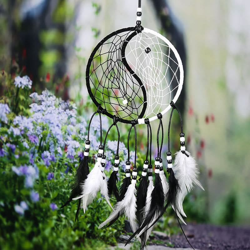 Attrape-rêves Yin Yang Filet circulaire avec plumes Décoration d'équilibre
